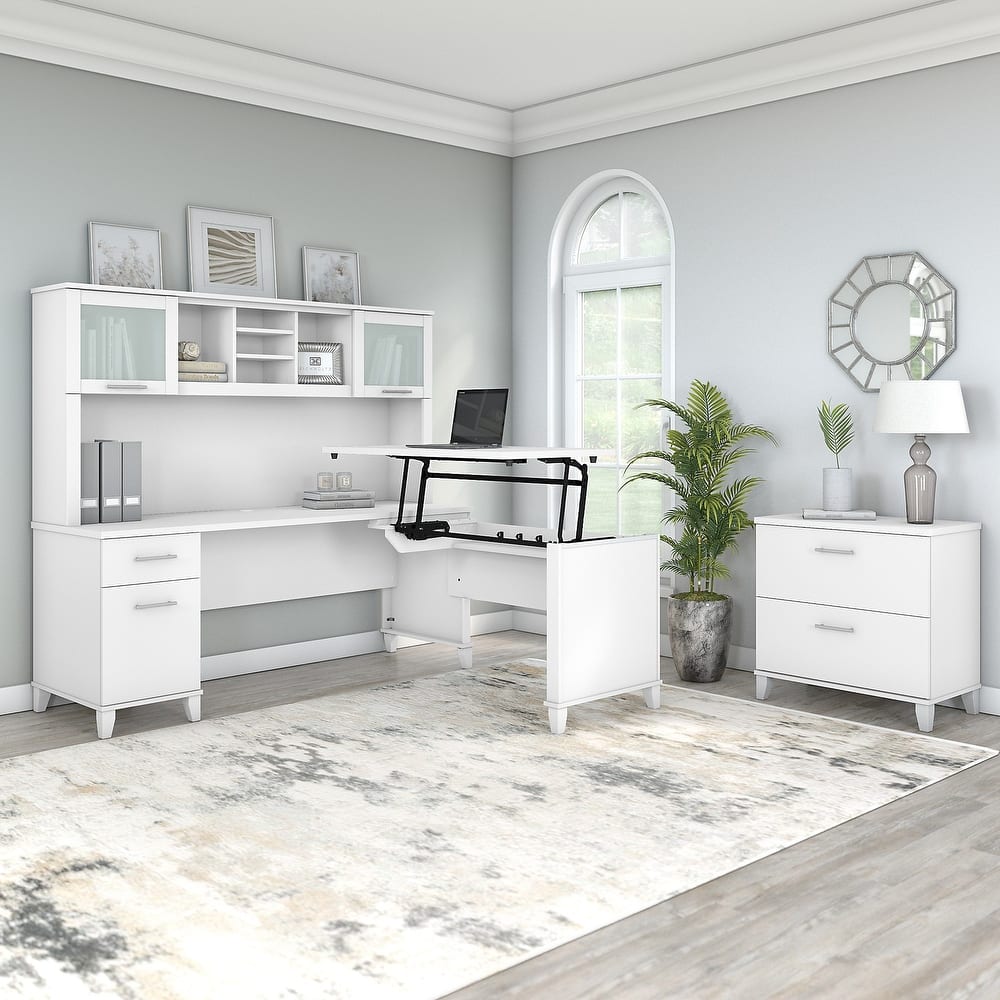 Somerset 72W Sit to Stand L Shaped Desk with Hutch and Cabinet in Gray