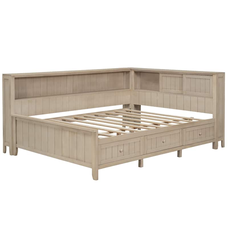 Full Size Antique Daybed with 3 Drawers & Storage Shelves (400lb Capacity)