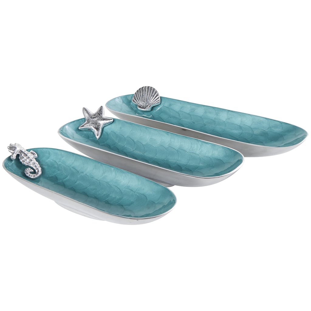 Aluminum Metal Handmade Enameled Oval Decorative Bowl with Sea Life Accents - Set of 3 Teal or White - Roche River Decor