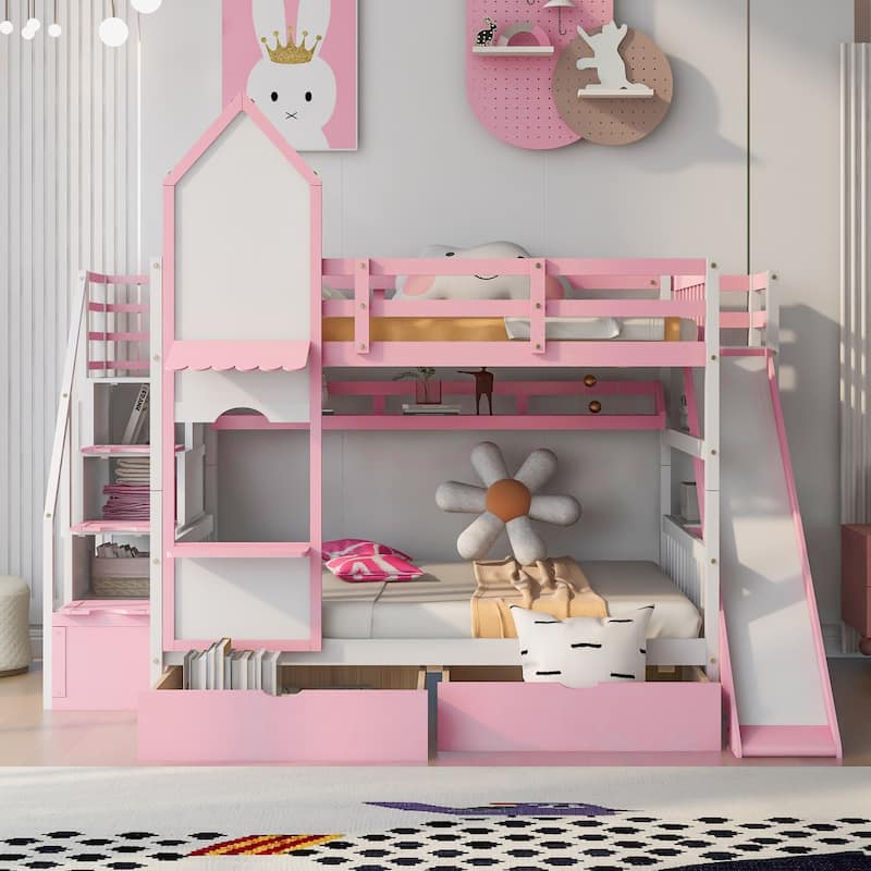 Castle Style Bunk Bed with 2 Drawers 3 Shelves and Slide