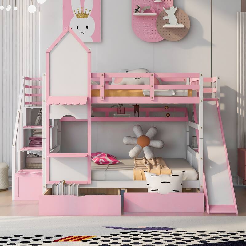 Castle Style Bunk Bed with 2 Drawers 3 Shelves and Slide - Pink - Full