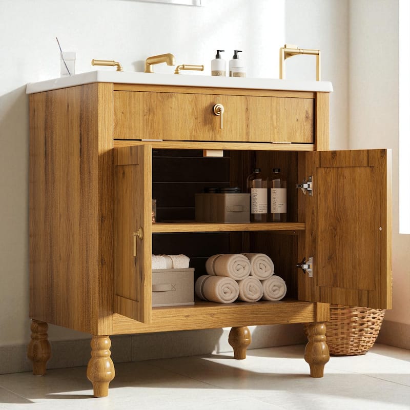 30" Bathroom Vanity with Seashell Resin Sink Flip-Up Storage Soft Close Doors and Solid Wood Legs