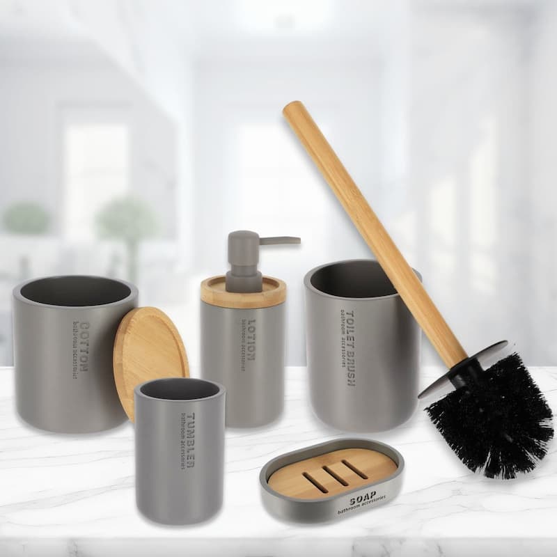 Bathroom Essentials Set Natural Bamboo Bath Set Accessories 5 pieces - Gray