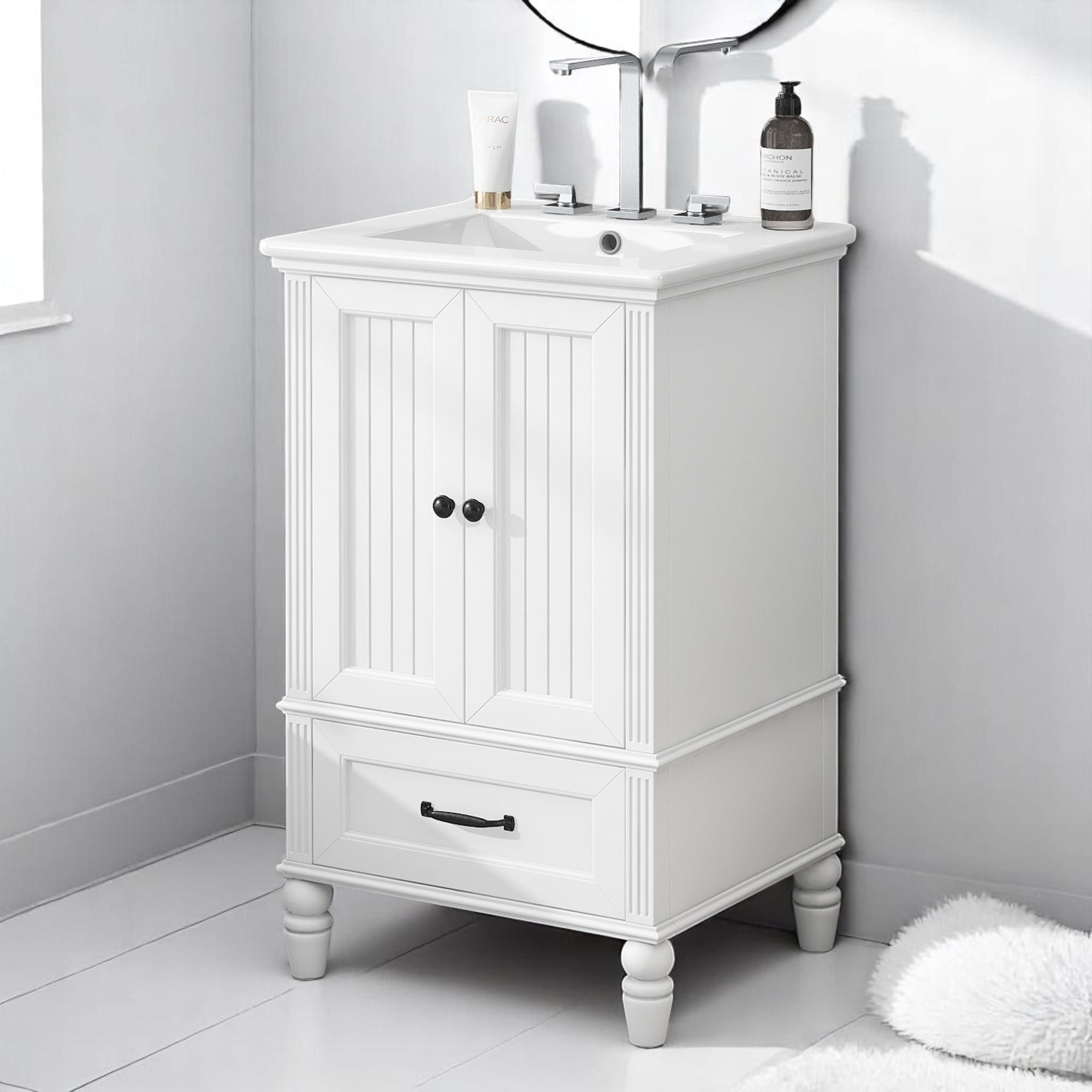 20" White Bathroom Vanity with Sink, Magnetic Door Stopper, Cabinet & Drawer Storage, Adjustable Feet