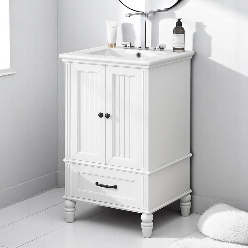 20" White Bathroom Vanity with Sink, Magnetic Door Stopper, Cabinet & Drawer Storage, Adjustable Feet - White