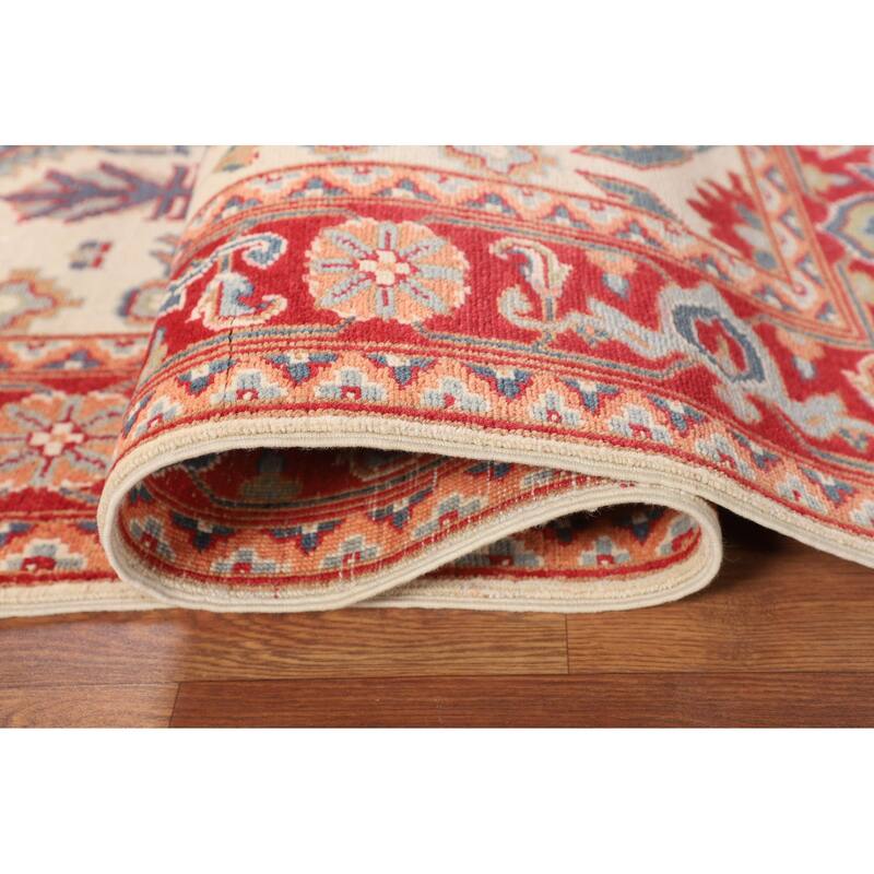 Blue Geometric Kazak Area Rug Hand-Knotted Oriental Wool Carpet - 4'11" x 6'7"