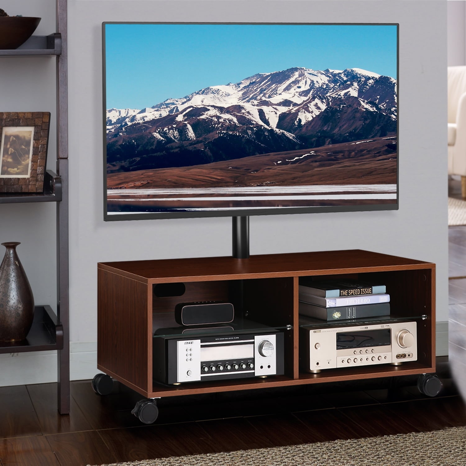 Wood tv stand on wheels cheap