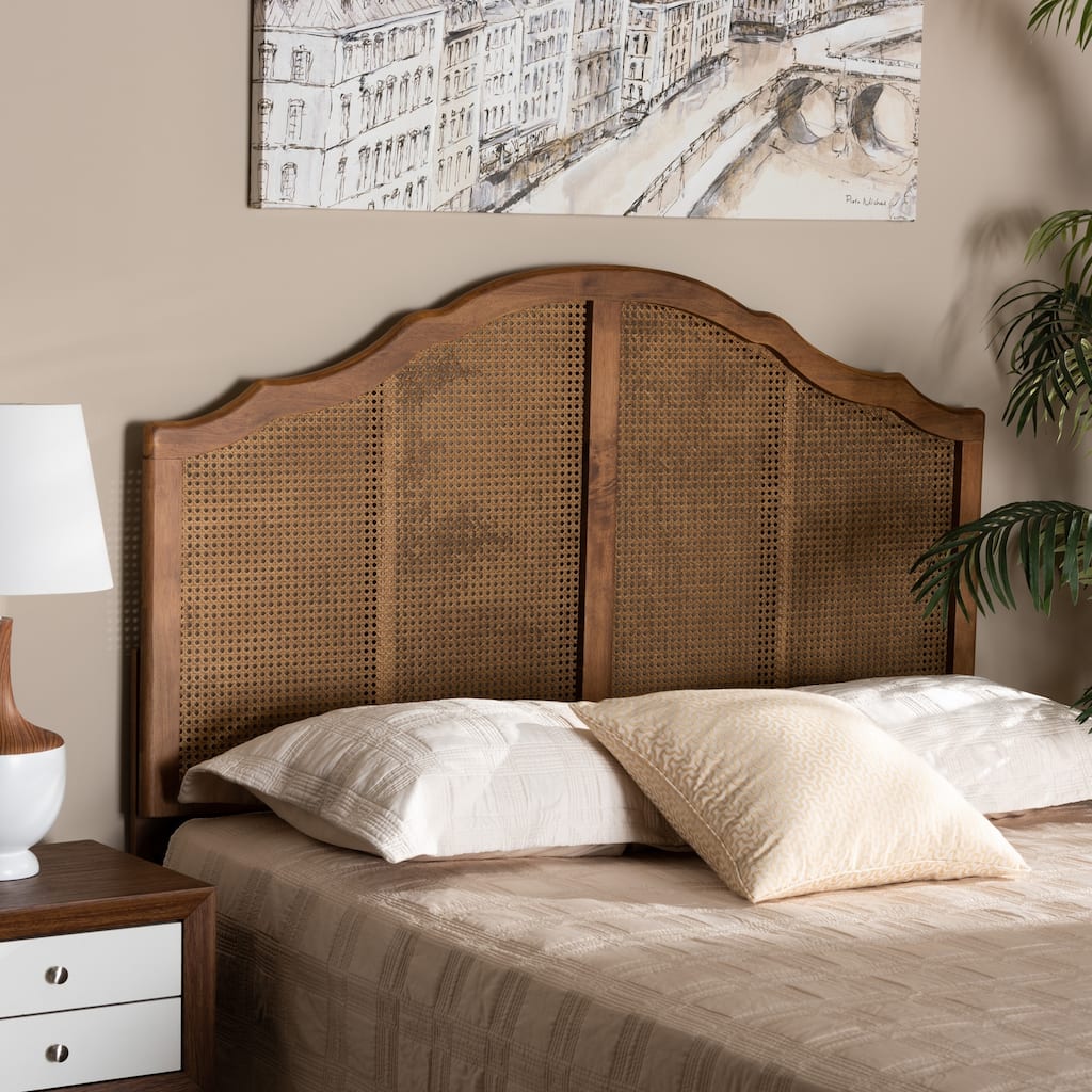 Traditional Ash Walnut Wood and Synthetic Rattan Queen Size Arched Headboard with Stylish Woven Detailing