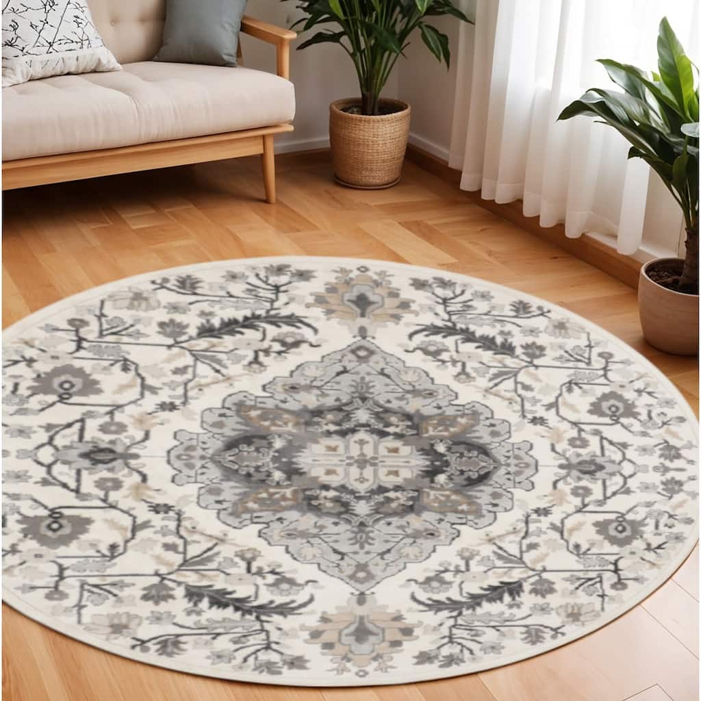 Ceceb Power Loomed Geometric Floral Non Skid Low Pile Area Rug By HomeRoots - 94' X '94' X '0.25