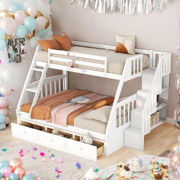 slide 2 of 11, Twin Over Full Bunk Bed with Drawers,Ladder and Staircase For Bedroom White