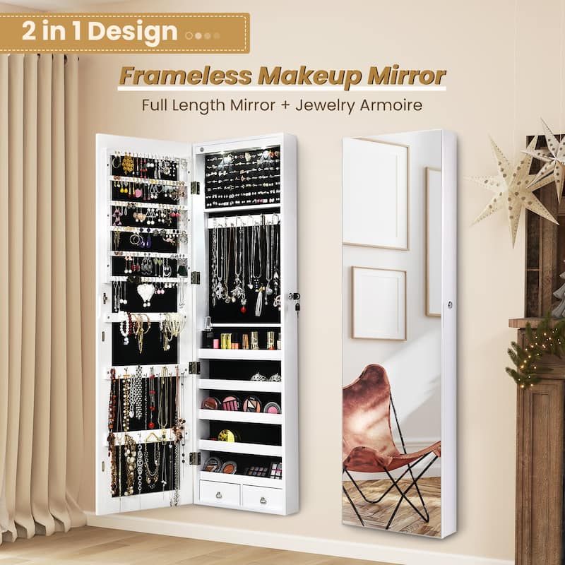 LED Lights Wall and Door Mounted Jewelry Storage Lockable Cabinet with Full Length Mirror - 14" x 4" x 54.5" (L x W x H)