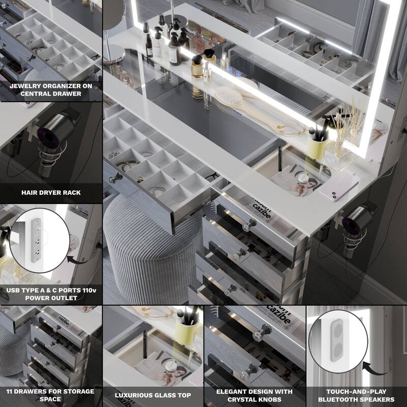 Extra-Large Vanity Desk with LED Mirror, Bluetooth Speakers, 11 Drawers and USB Ports