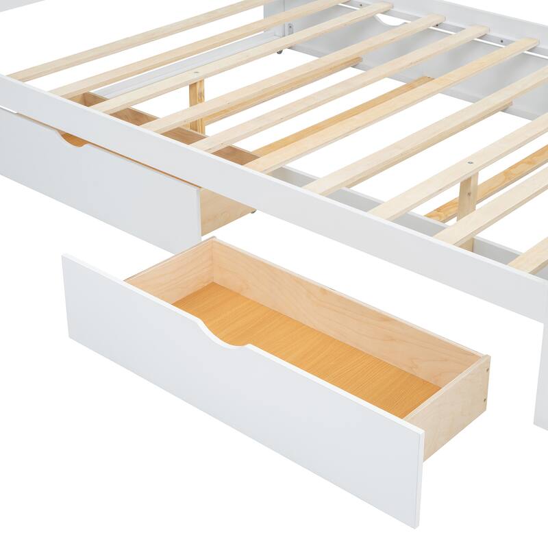 Queen Platform Bed with Rattan Headboard, 2 Storage Drawers and Pull-Out Trundle, with Built-In Compartments