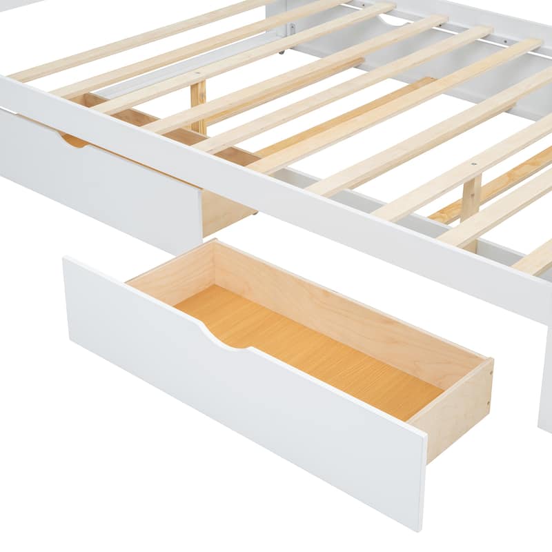 Queen Size Platform Bed with Rattan Headboard,Two Drawers and Trundle