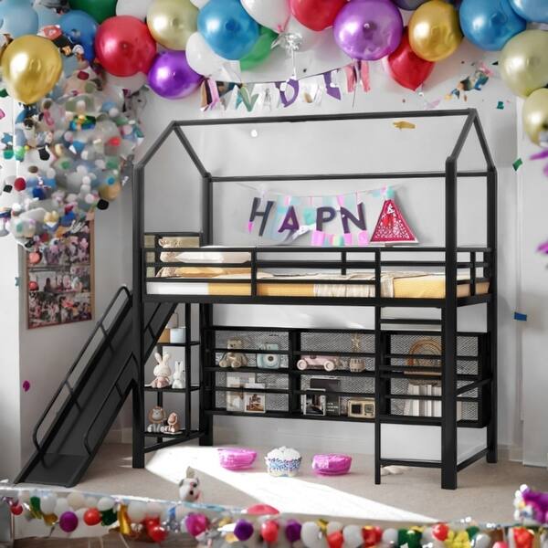 slide 2 of 12, Classic House Bed Loft Bed with Built-in Ladder, Slide and Open-Slatted Black