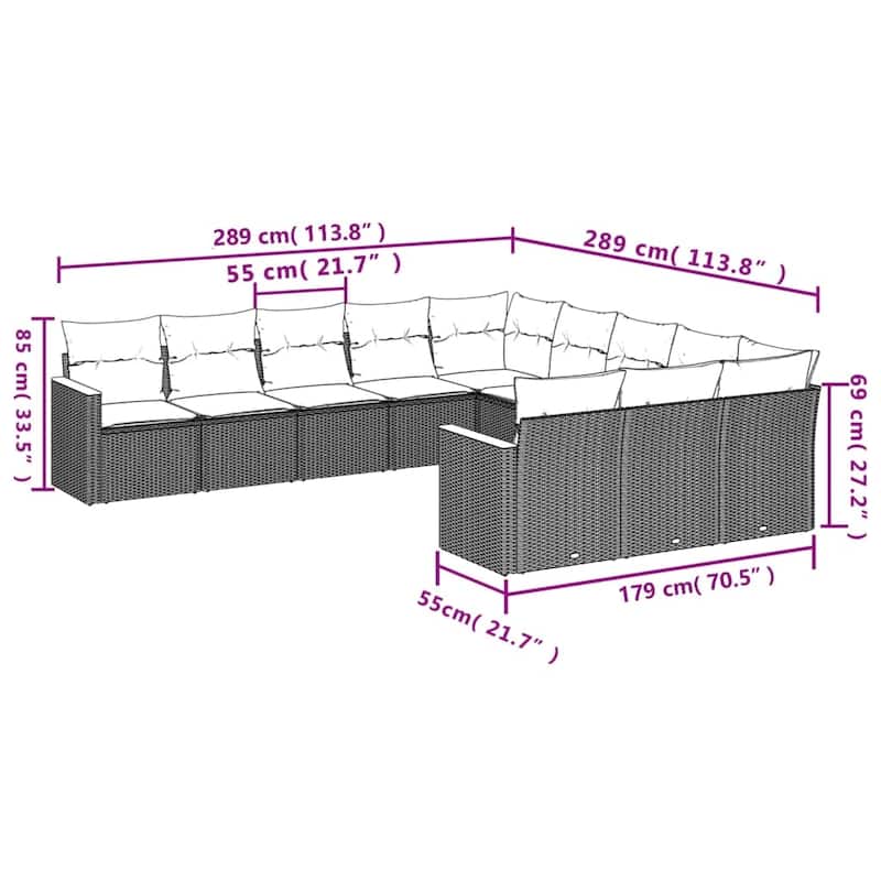 vidaXL 11/12 Piece Patio Sofa Set with Cushions Black/Gray Poly Rattan - 24.4 x 24.4 x 27.2