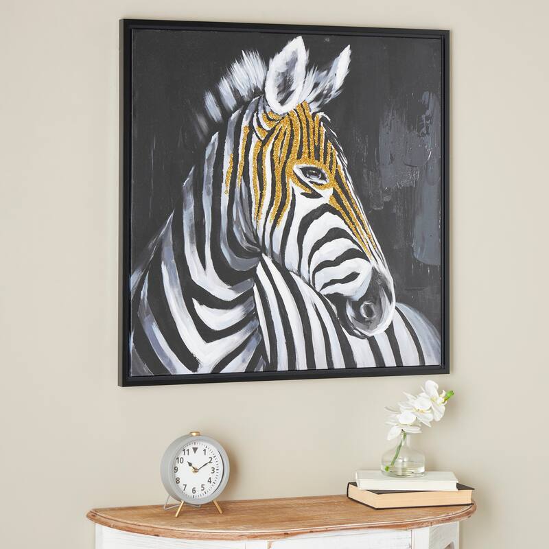 Black Canvas Zebra Framed Wall Art with Gold Foil Accents - 32"W, 32"H