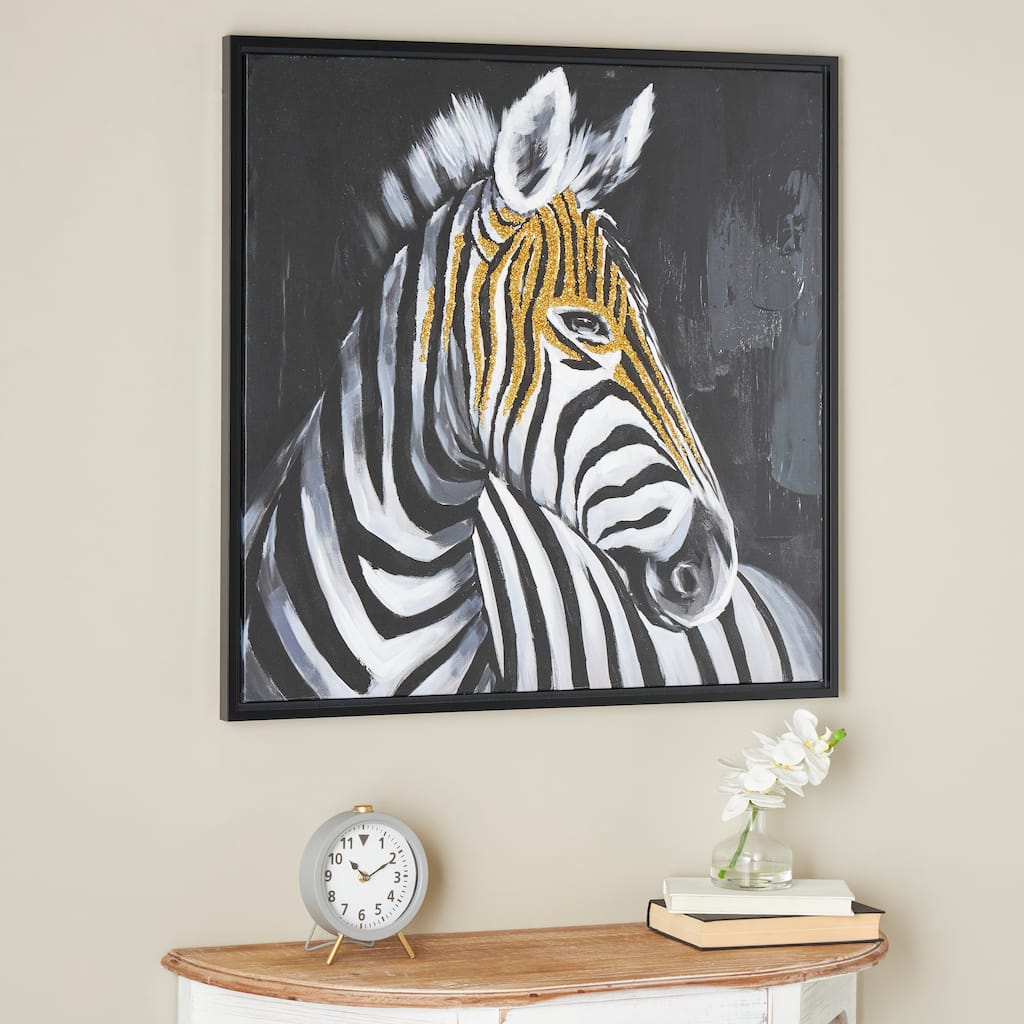 Black Canvas Zebra Framed Wall Art with Gold Foil Accents