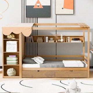 Twin Size House Bed Platform Bed Semi-Enclosed Design with Wardrobe and Shelf for Boys Girls, No Box Spring Needed, Natural