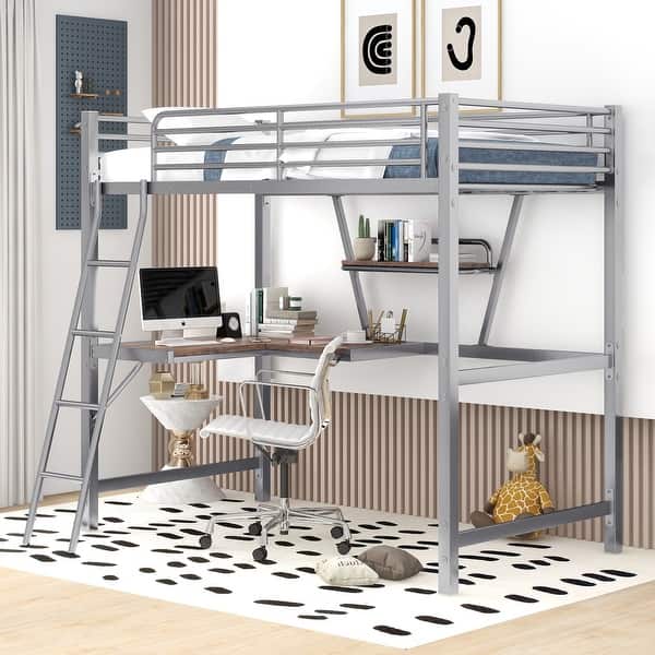 slide 2 of 8, Silver Metal Loft Bed with Integrated Desk, Shelf, and Full-Length Guardrail Twin - Silver