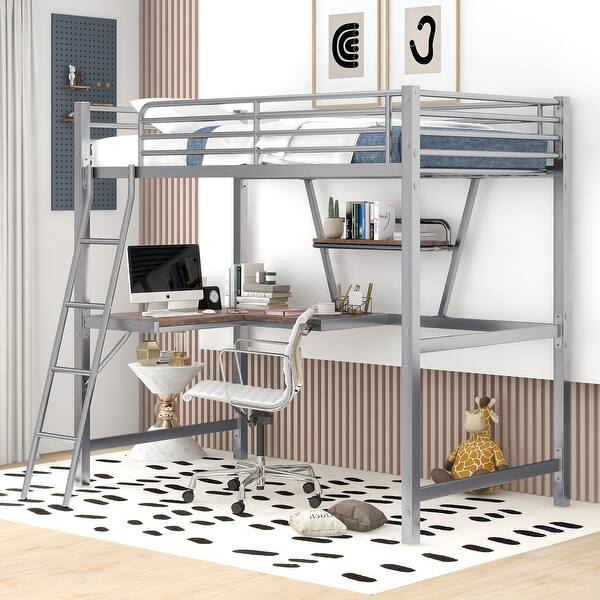 slide 2 of 25, Twin Size Loft Metal&MDF Bed with Desk and Shelf for Kids and Adults Silver