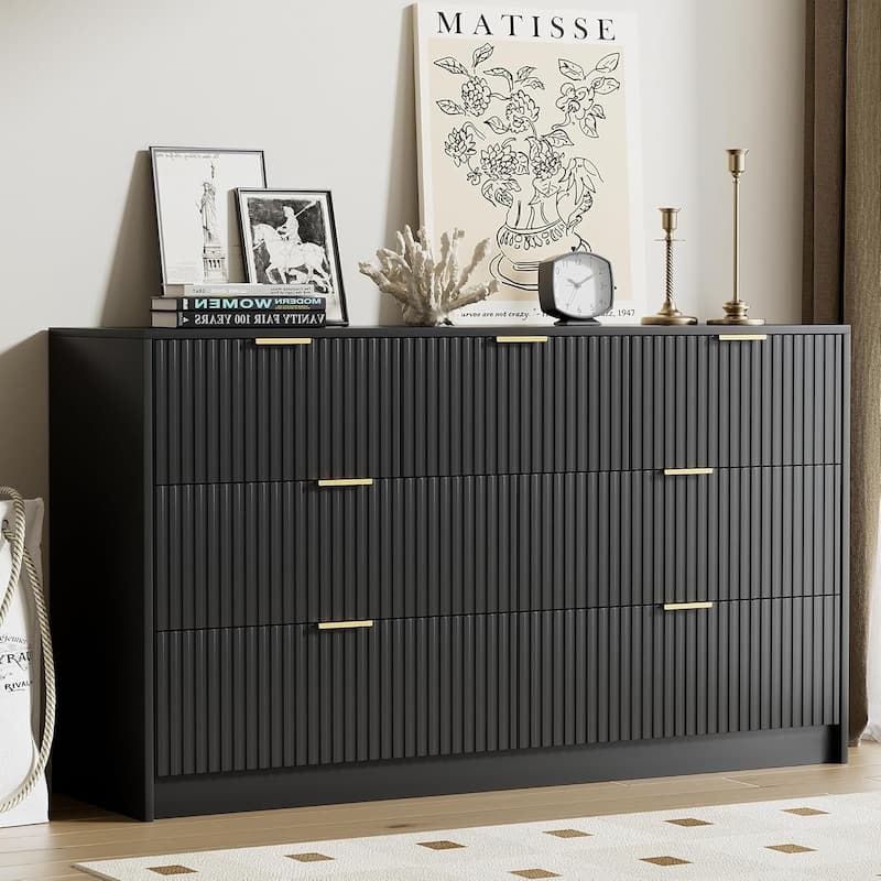 7 Drawer Dresser Fluted Wood Clothes Storage Cabinet, Modern Wide Dresser for Bedroom - Black