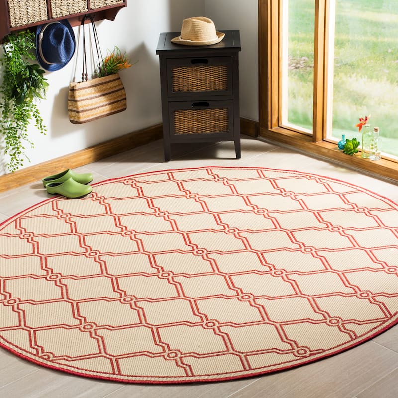 SAFAVIEH Linden Jeri Indoor/ Outdoor Waterproof Patio Backyard Rug - 6'7" Round - Red/Creme