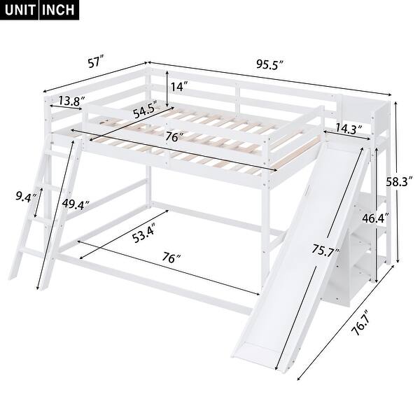 dimension image slide 0 of 2, Full Over Full Bunk Bed with Ladder, Slide, and Shelves in Grey, Perfect for Maximizing Space and Ensuring Safety for Kids