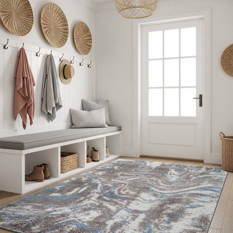 Abstract Marble Shag Rug - Anthracite Dark Gray - Plush Medium Pile, Durable with Jute Backing - Blue - 4' x 6'