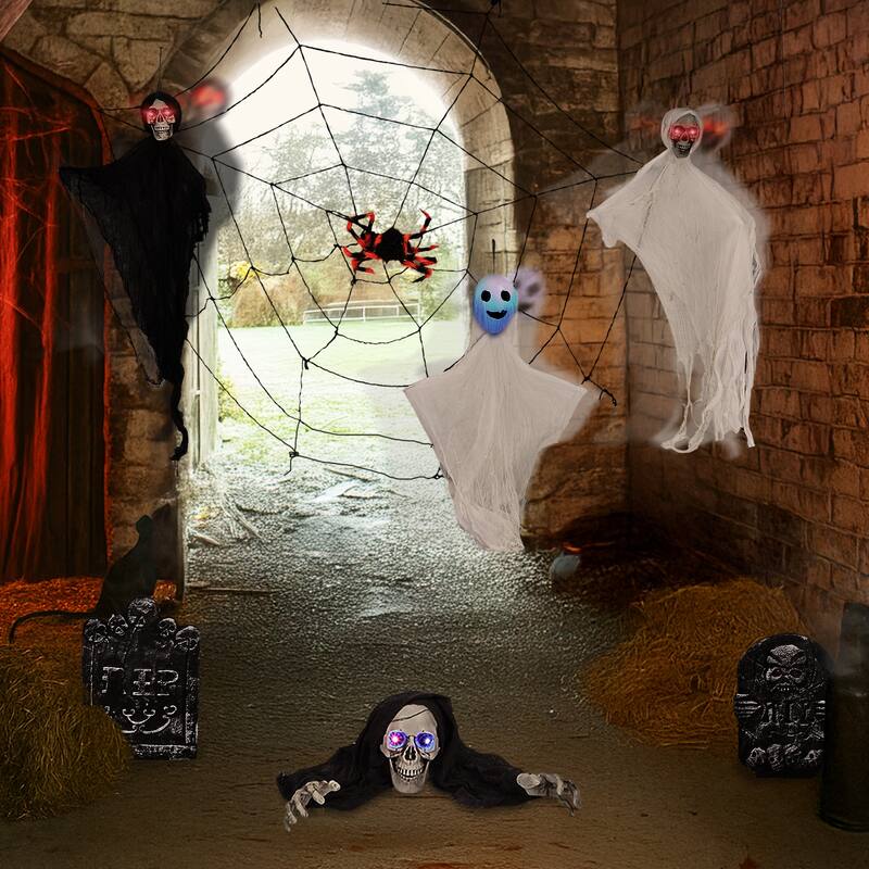 8-Piece Halloween Decorations Set with LED Eyes Ghosts Gravestones Skeleton and Giant Cobweb