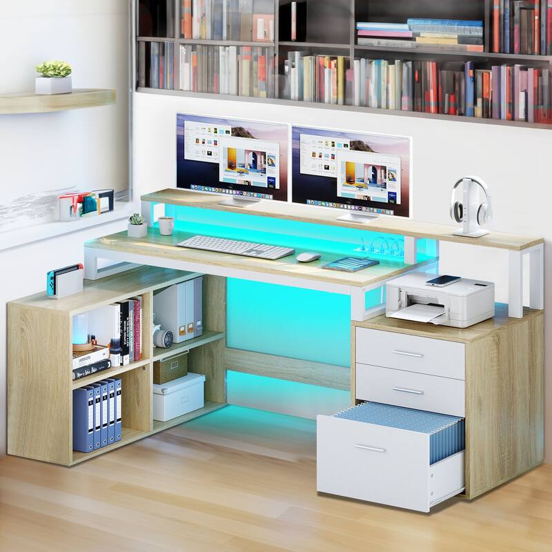 Moasis 65-inch L Shaped Computer Office Desk with Cabinet Drawers Gaming Desk w/Power Outlets & LED Lights