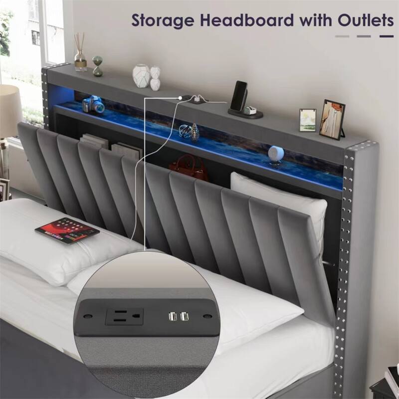 Full Size Velvet Platform Bed with LED Lights and Storage Headboard