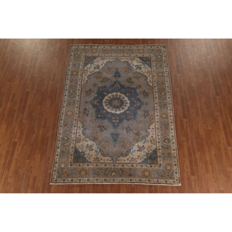 Distressed Brown Over-Dyed Tabriz Persian Vintage Rug - 6'8"x 9'6"