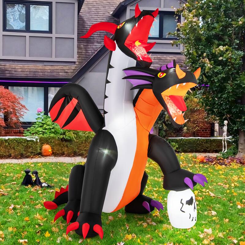 8 Feet Halloween Yard Inflatable Twin-Headed Dragon with Lights and Stakes for Outdoor Garden Use - 8 x 5.6 x 8 ft