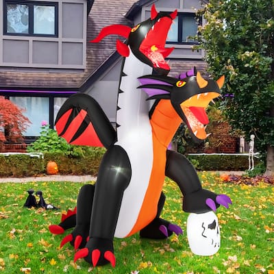 8 Feet Halloween Yard Inflatable Twin-Headed Dragon with Lights and Stakes for Outdoor Garden Use - 8 x 5.6 x 8 ft