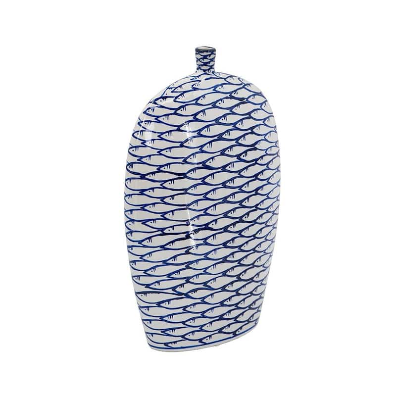 16" Blue And White Fish Print Oval Ceramic Table Vase - 11.80