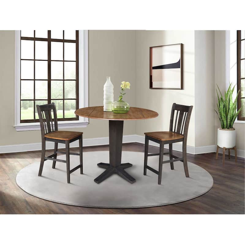 42 in Solid Wood Round Drop Leaf Counter Height Dining Table with Stools in Hickory/Washed Coal