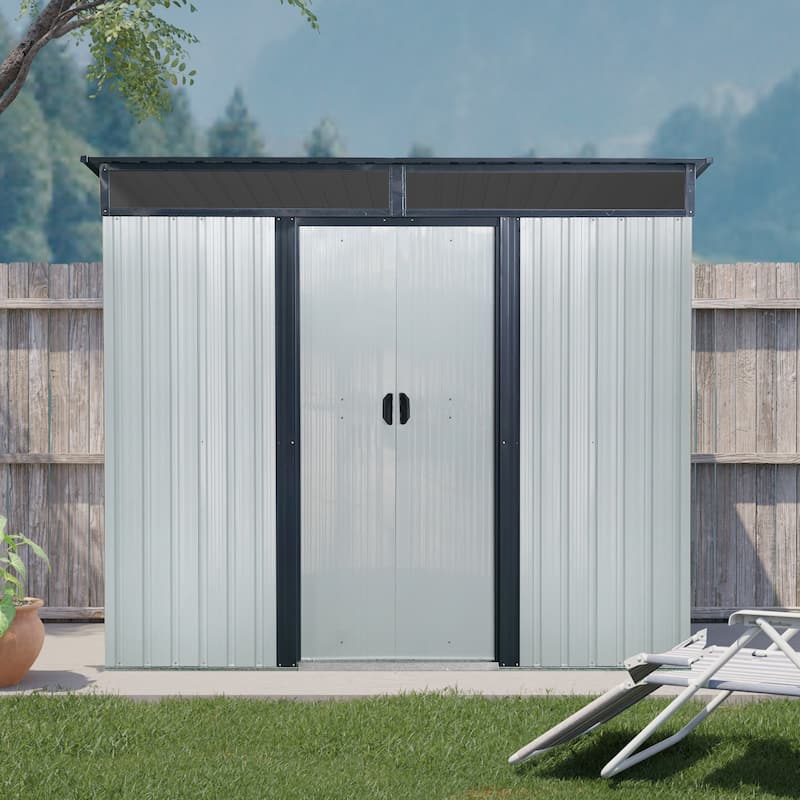White-Black Galvanized Metal Outdoor Storage Shed with Vent and Roof - 88.92” W x 77.16” H x 63.72” D