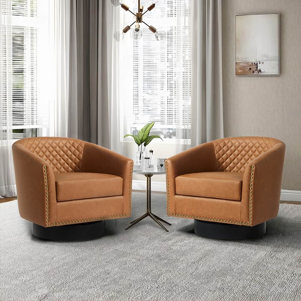 2 Set Tufted PU Vegan Leather Swivel Barrel Chair with Nailheads Trim