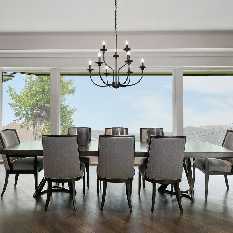 Modern Farmhouse 9-Light Black Chandelier Classic Tierd Lights for Dining Room