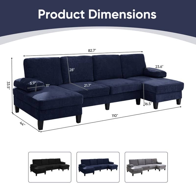 Mixoy 110"U-Shaped Sectional Couches,Chenille Fabric Upholstered Large 4-Seater Sofa with Double Chaises and Sleepable Armrest