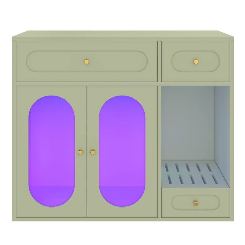 Cat Litter Box Enclosure with LED Light, Hidden Litter Box Furniture with Storage Drawers, Indoor Pet House with Acrylic Doors