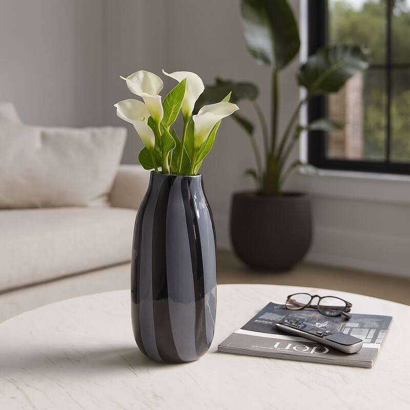 Glass Modern Striped Decorative Vase - Black