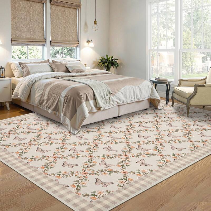 Butterfly Pattern Rugs for Living Room, Modern Floral Area Rug, Washable Border Plaid Non Slip Floor Carpet