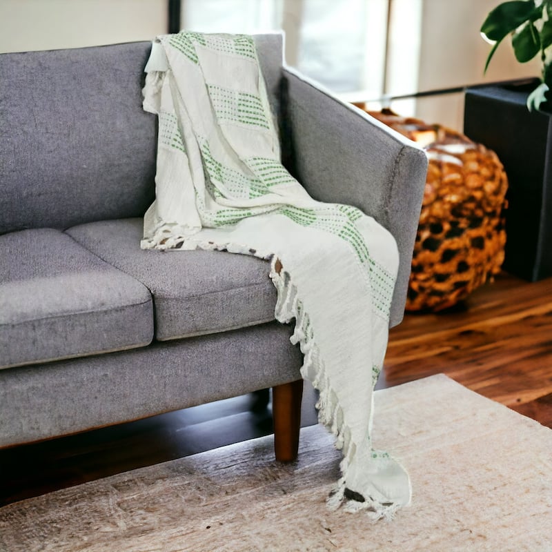 HomeRoots Gray and Green Woven Cotton Throw Blanket with Fringe - Throw - Gray and Green