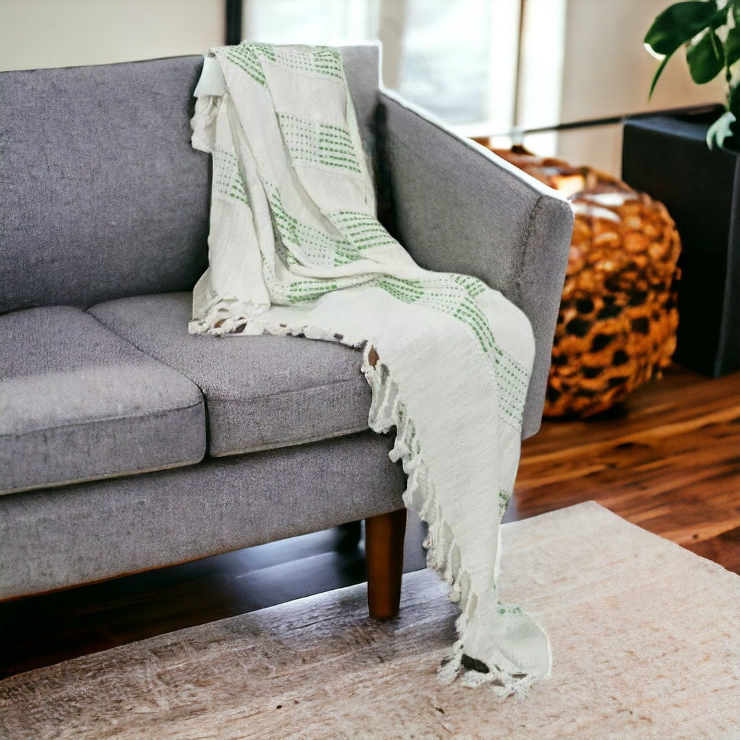 HomeRoots Gray and Green Woven Cotton Throw Blanket with Fringe