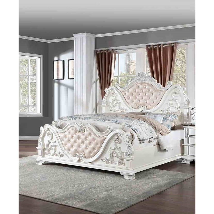 Luxury Pearl White Finish Bedroom Furniture 1Piece Button Tufted Bed