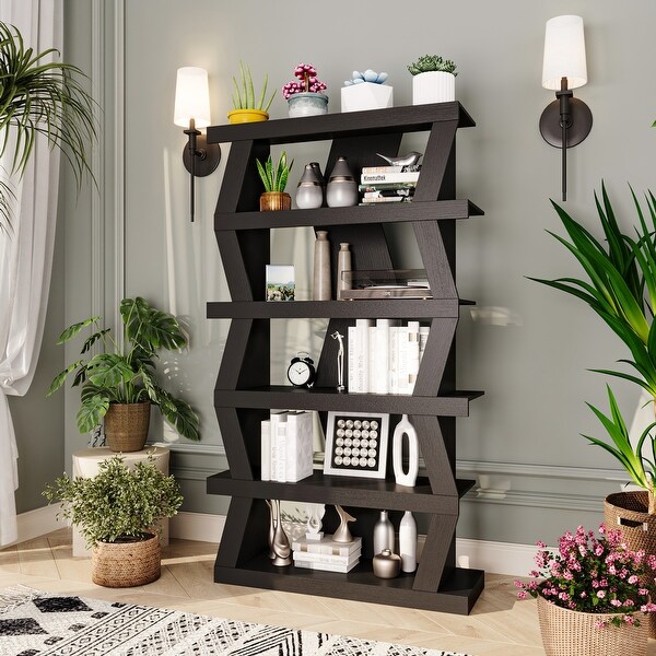 Black Bookshelf: Unique Zig - Zag Design and Multiple Tiers for