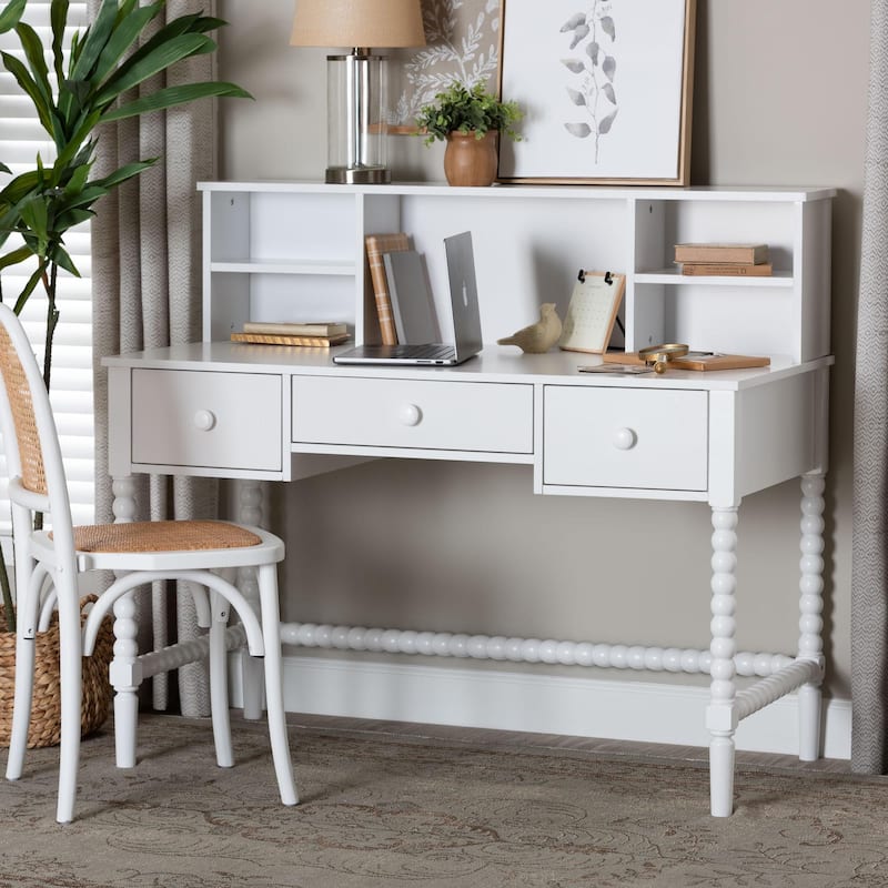 Archwood Writing Desk with Hutch - 3-Drawer Wood Desk with Bobbin Design for Home Office or Bedroom Workspace, White