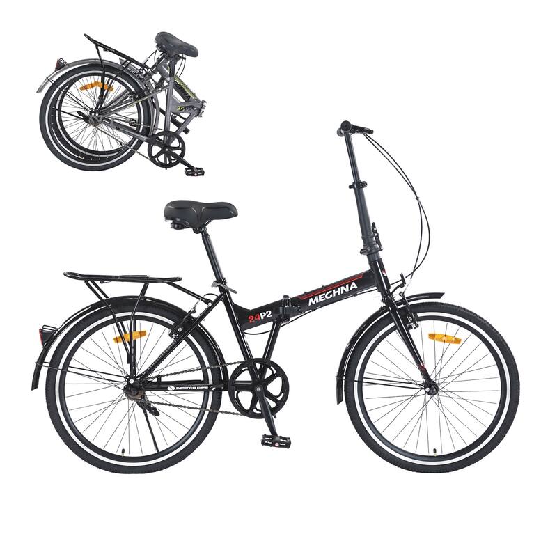 24 Inch Folding Bike with Fenders, Single Speed City Commuter Bicycle with Dual V-Brake, Steel Frame Portable Compact Bicycle